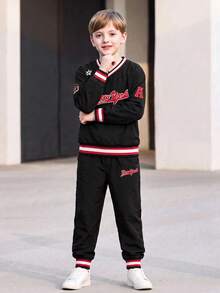 Boys' Autumn/Winter Baseball Style V-Neck 2 Pieces Set, New York Letter Print Black White Red Ribbed Colorblock Jogger Sweatpants Outfit - Black - View 2
