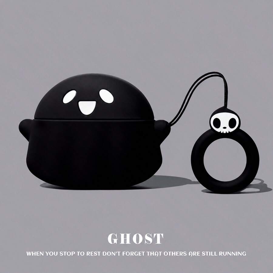 Cute Mysterious Black & White 3D Ghost Silicone Earphone Case + Lanyard Strap Compatible With Apple Pro 2/Pro/4/3/2 Case, Fashion & Simplistic For Women - Black - View 1