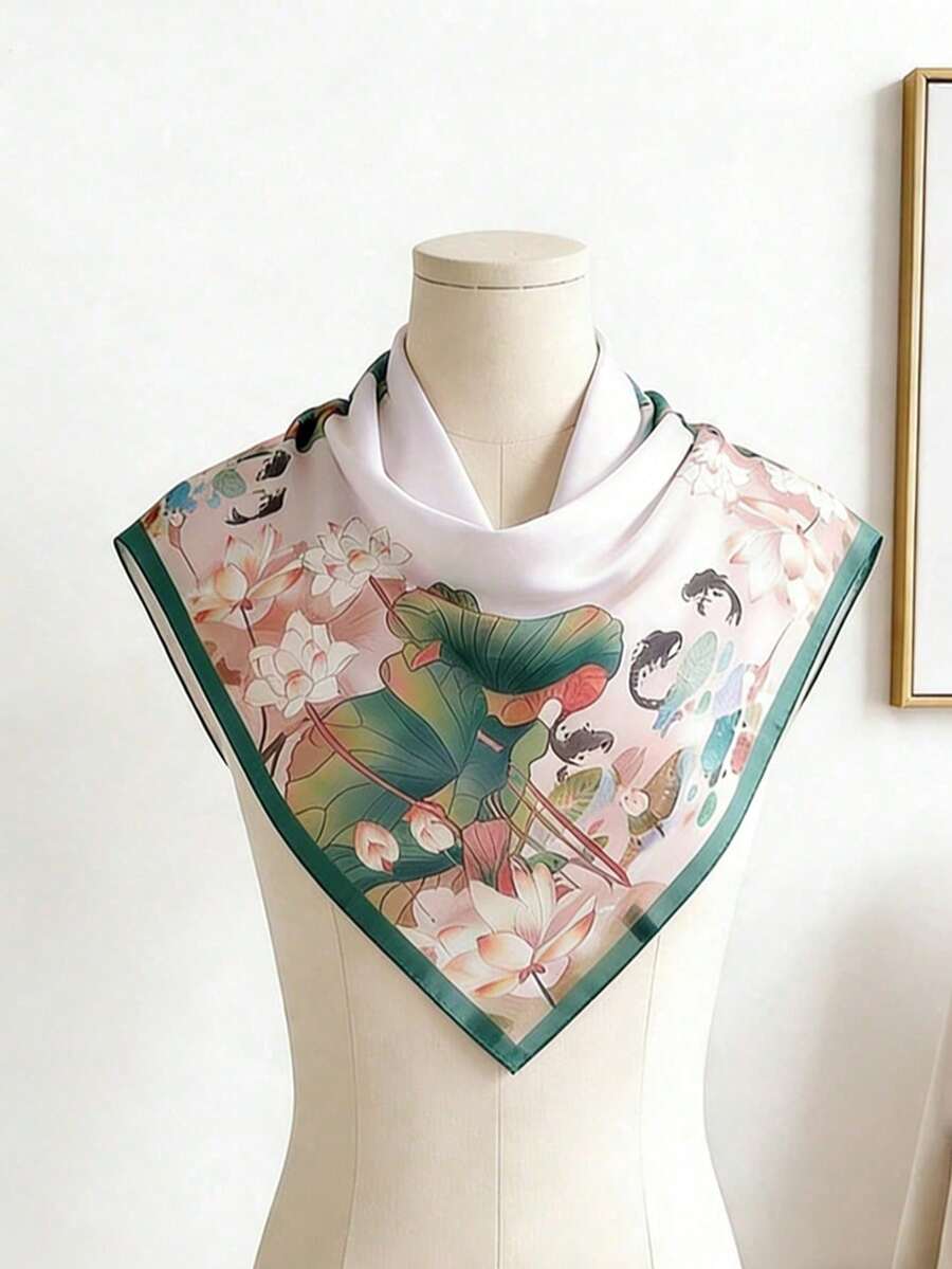 1件裝花卉印花絲綢面料正方形方巾頭巾 時尚女款頸巾 日常使用 - 彩色 - 查看 1