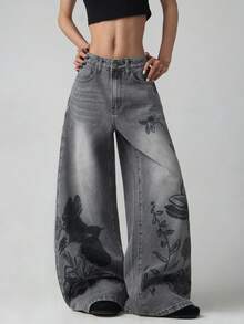 1pc Women's Casual Loose Fit Gray Printed Denim Wide Leg Jeans, Comfortable All-Match Streetwear Style Jeans (Belt/Accessories Not Included) Fall - Light Grey - View 7