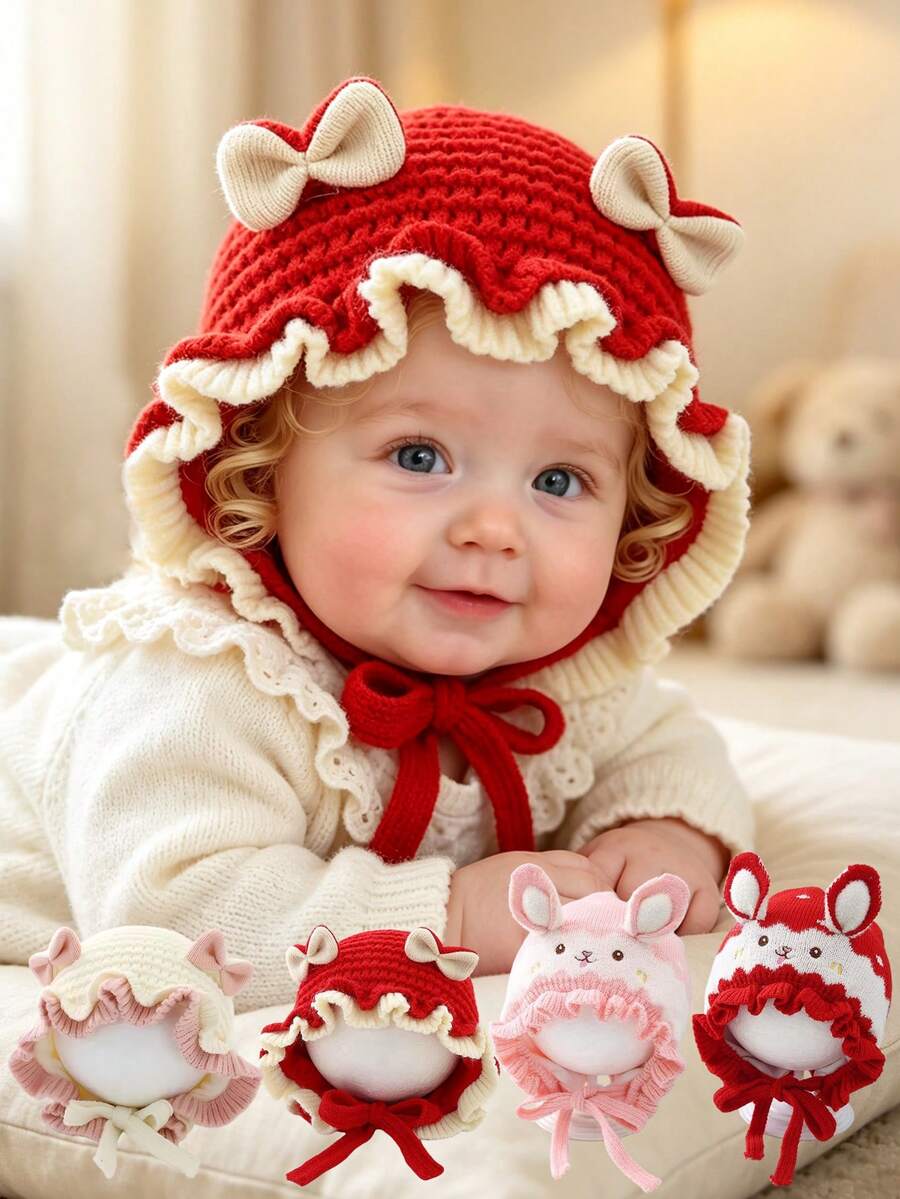 0-2 Years Old Baby Cute Knitted Hat, Bow Rabbit Ears Ruffle Edge Sun Hat, Warm Soft Crochet Tie Hat, Sweet Princess Style Infant Headwear - Multicolor - View 1