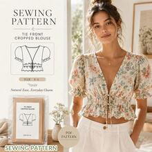 Women's Tie Front Cropped Blouse Sewing Pattern, Puff Sleeve V Neck Top Template With Ruffle Hem, Easy To Make Summer Outfit Project - A - View 1