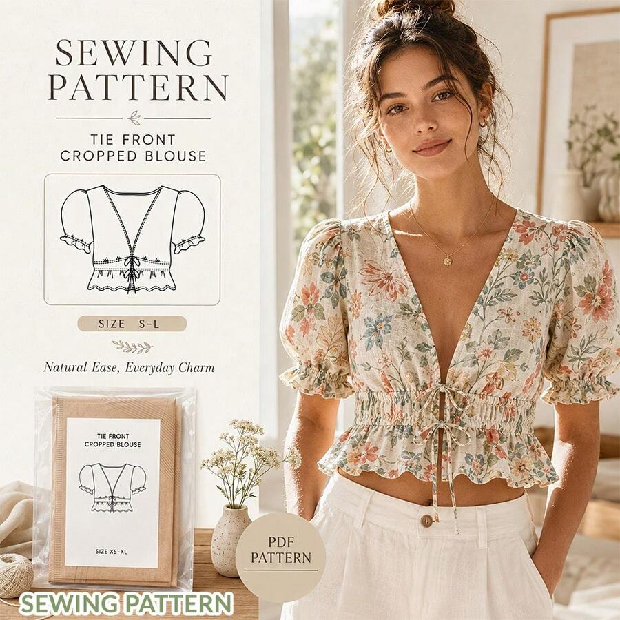 Women's Tie Front Cropped Blouse Sewing Pattern, Puff Sleeve V Neck Top Template With Ruffle Hem, Easy To Make Summer Outfit Project - A - View 1
