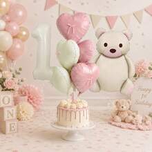 16pcs Cream Bear & Light Pink Heart Foil Balloon Set With Bow Ribbon, Suitable For Bear Theme Birthday Party Decoration, Baby Shower, Photo Props And Party Supplies - View 3