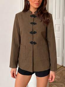 Vintage Brown Open Front Casual Jacket, New Chinese Style Frog Button Stand Collar Women's - Coffee Brown - View 5