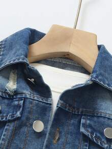 Jaket Denim Biru Anak Laki-laki, Gaya Kasual Musim Semi/Gugur Klasik, Model Longgar dengan Efek Lusuh dan Serbaguna, Atasan Luar yang Bergaya - Biru - View 5