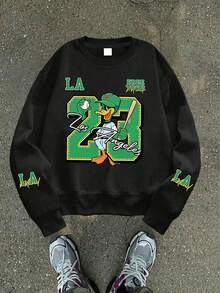 Teen Boys Digital "23" & Duck Print Crew Neck Loose Pullover Sweater, Y2K Cool College Style Top - Black - View 7