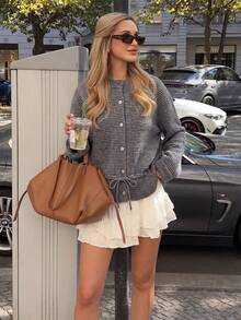 Women's Casual Front Button Knit Cardigan, Striped Crew Neck Drawstring Sweater, Suitable For Autumn/Winter Halloween Thanksgiving Christmas - Dark Grey - View 7