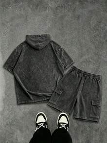 Men's Vintage Distressed Hoodie Short Sleeve T-Shirt And Cargo Shorts Set - Black - View 2