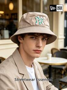 New Era Bucket Hat, Floral Pattern NY Embroidered Khaki Wide Brim Hat, Unisex Outdoor Sun Protection Hat - Apricot - View 3
