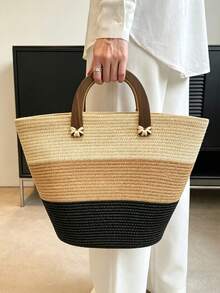 BAILEE A Casual Vacation-Themed Woven Handbag With A Wooden Handle, Three-Color Clash Design, Ample Capacity, Perfect For Vacation Attire And As A Gift. - Multicolor - View 6