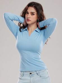 KyrLssu Women's Collared V-Neck Fitted Long Sleeve Polo Top - Blue - View 2
