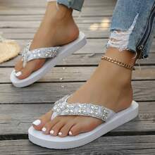 Butterfly Rhinestone Wedge Flip Flops For Women, Summer Outdoor Thick Sole Toe-Post Slippers, Beach Vacation Sparkling Rhinestone Sandals - White - View 5