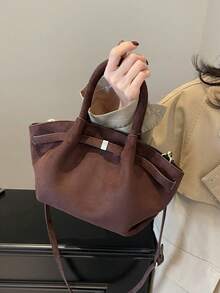 女款手提籃包 時尚抽繩扣環設計 極簡優雅復古斜挎包 PU啞光 秋冬咖啡色 - 咖啡 - 查看 5