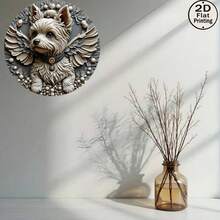 2D Flat 8-Inch Metal Wall Round Plaque | 1pc, Angel Yorkshire Terrier 3D Embossed Art Plaque, Cute Winged Yorkshire Terrier Wall Decor, Pet Lover Gift, Home Decor - A - View 3