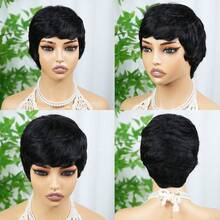 AMECIRE Women's Elf Short Wig, 4 Inch Straight Hair, 100% Human Hair, No Lace Front, Suitable For Daily Wear And Cosplay - Natural Black - View 7