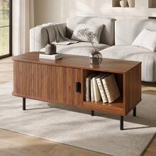 Coffee Table With Sliding Door, Modern Living Room Table With Storage Space, Rectangular Sofa Table With Slatted Look, Side Table With Open Storage Compartment For Living Room, 110 X 40 X 55 Cm - Brown - View 11