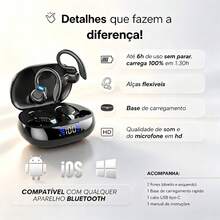 Fone de ouvido preto esportivo premium com gancho, sinal Bluetooth 5.3 constante, compatível com celulares , ,  e  para lazer e exercícios - Visão 4