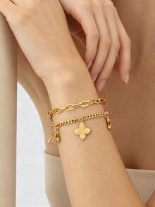 Letingsha 1pc Fashionable Stainless Steel Four-Leaf Clover Pendant Bracelet, Suitable For Women's Daily Wear - Yellow Gold - View 4