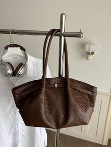 Korean Retro Woven Pattern Elegant Tote Bag New Large Capacity Casual Commute Shoulder Underarm Bag - Coffee Brown - View 1
