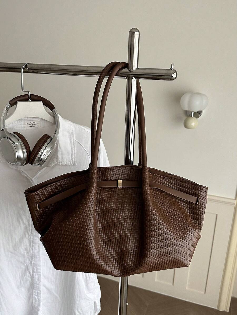 Korean Retro Woven Pattern Elegant Tote Bag New Large Capacity Casual Commute Shoulder Underarm Bag - Coffee Brown - View 1