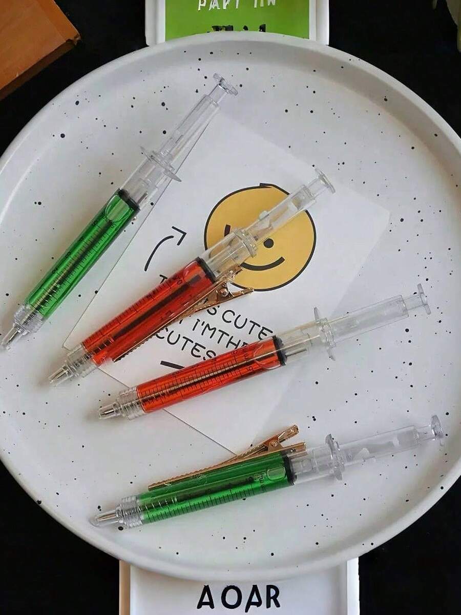 4PCS Transparent Simulation Syringe Ballpoint Pen Hair Clips, Transparent Injector Red & Green Assembled Hair Clips, Creative Clickable Ballpoint Pen Hair Clips, Simulation Syringe Student Personalized Versatile Fun Hair Clips, Daily Quirky Hair Clips - Multicolor - View 1
