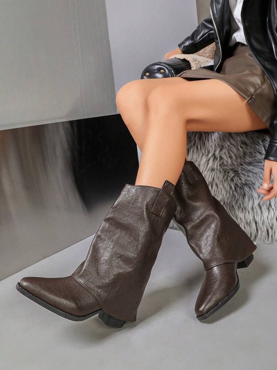 European Style Pointed Toe Ruched Stacked Ankle Boots Women's Autumn/Winter New Vintage Versatile Chunky Heel High Heel Riding Boots Boots - Coffee - View 1
