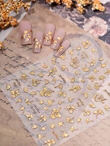 金色銀杏葉美甲貼紙 3D 箔壓花葉片貼花 復古風可穿戴美甲 DIY 美甲裝飾配件 - 彩色 - 查看 4