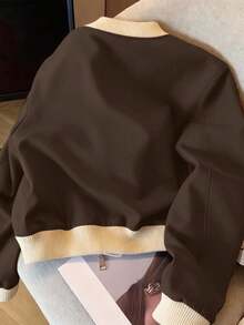 SAOYANGYU Women's Casual Daily Patchwork Contrast Color Ribbed Baseball Jacket, Small Badge Decor, Loose Fit Zip-Up Jacket, 270G Woven Fabric Spring - Coffee Brown - View 2