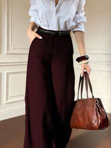 DONICY Fashionable Elegant Women's Spring/Summer Beige Linen Blend High Waist Tie Wide Leg Pants, Loose And Comfortable - Burgundy - View 2