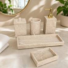 Bathroom Accessories Set: Includes Soap Dispenser, Vanity Tray, Toothbrush Holder, Cotton Swab Holder, Soap Dish And Storage Items; Suitable For Bathroom Countertop And Decoration - Apricot - View 4