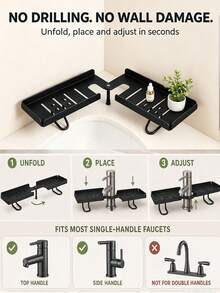 1pc Adjustable Foldable Over Faucet Shelf Organizer Steel Folding Storage Rack, Drill-Free Foldable Faucet Storage Rack Carbon Steel Hollow Design Corner | 180 Degree Multi-Angle Rotatable Adjustable Over The Sink Shelf Bathroom Organizer - Multicolor - View 6