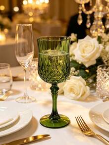 Light Luxury Vintage Dark Green Embossed High-Stem Wine Glass, Exquisite Diamond Cut Texture, Atmosphere-Enhancing, Wedding Banquet Table Decor, Home Gathering, Soft Decoration Gift Choice - View 5
