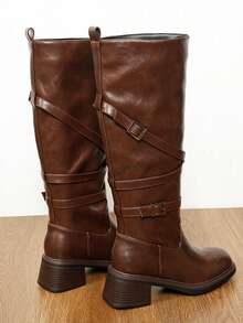 Women's Autumn/Winter Outdoor Mid-Calf Chunky Heel Boots, Solid Color Western Style Microfiber Leather Buckle Flat Mid-Calf Boots For Outdoor - Camel - View 2