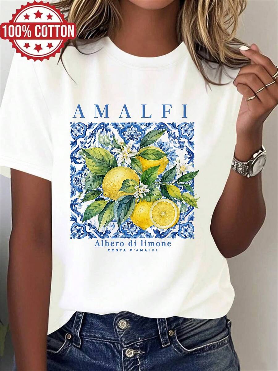 1PC 100% Cotton Amalfi Lemon Print Ladies' Short-Sleeve T-Shirt - White - View 1