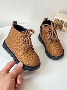 Kids' Dark Leopard Print Ankle Boots, Round Toe Anti-Collision Lace-Up Design, Versatile British Style Boots For Outdoor Wear - Black - View 3