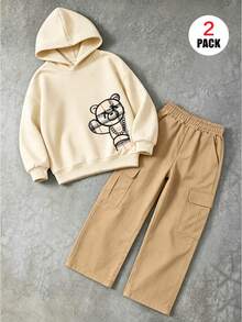2pcs Boys' Casual Outfit, Including A Plaid Bear Pattern Hoodie+Cargo Pants,Soft And Comfortable Casual Set,Autumn&Winter Attire - Multicolor - View 1