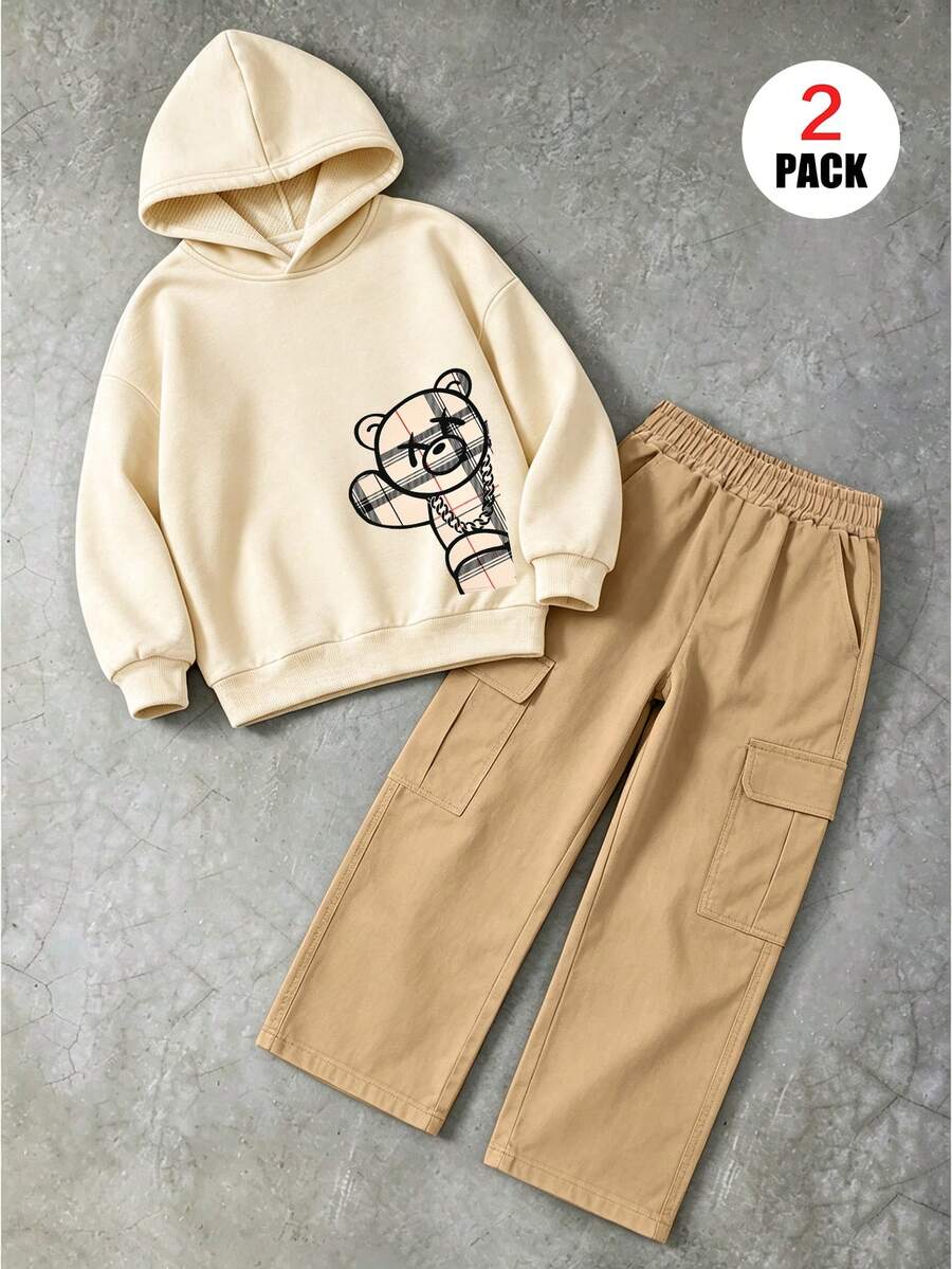 2pcs Boys' Casual Outfit, Including A Plaid Bear Pattern Hoodie+Cargo Pants,Soft And Comfortable Casual Set,Autumn&Winter Attire - Multicolor - View 1