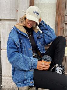 HAPPY GIRL#Autumn/Winter Versatile Fashionable College Style Daily Commute Women's Casual Comfortable Fleece Lining Warm Denim Long Sleeve Jacket - Blue - View 8