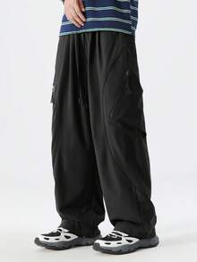 Men's Outdoor Functional Cargo Pants, Drawstring Waist Wide Leg Straight Leg Long Pants, Zipper Pockets Loose Casual Parachute Pants - Black - View 7