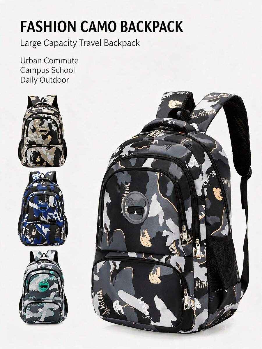 1pc Camouflage Print Fashion Backpack, Large Capacity Student School Bag, City Commute Travel Casual Laptop Backpack