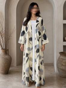 Hafizah Women's Printed Long Sleeve Hooded Robe Jacket With Headscarf, Abaya - Apricot - View 3