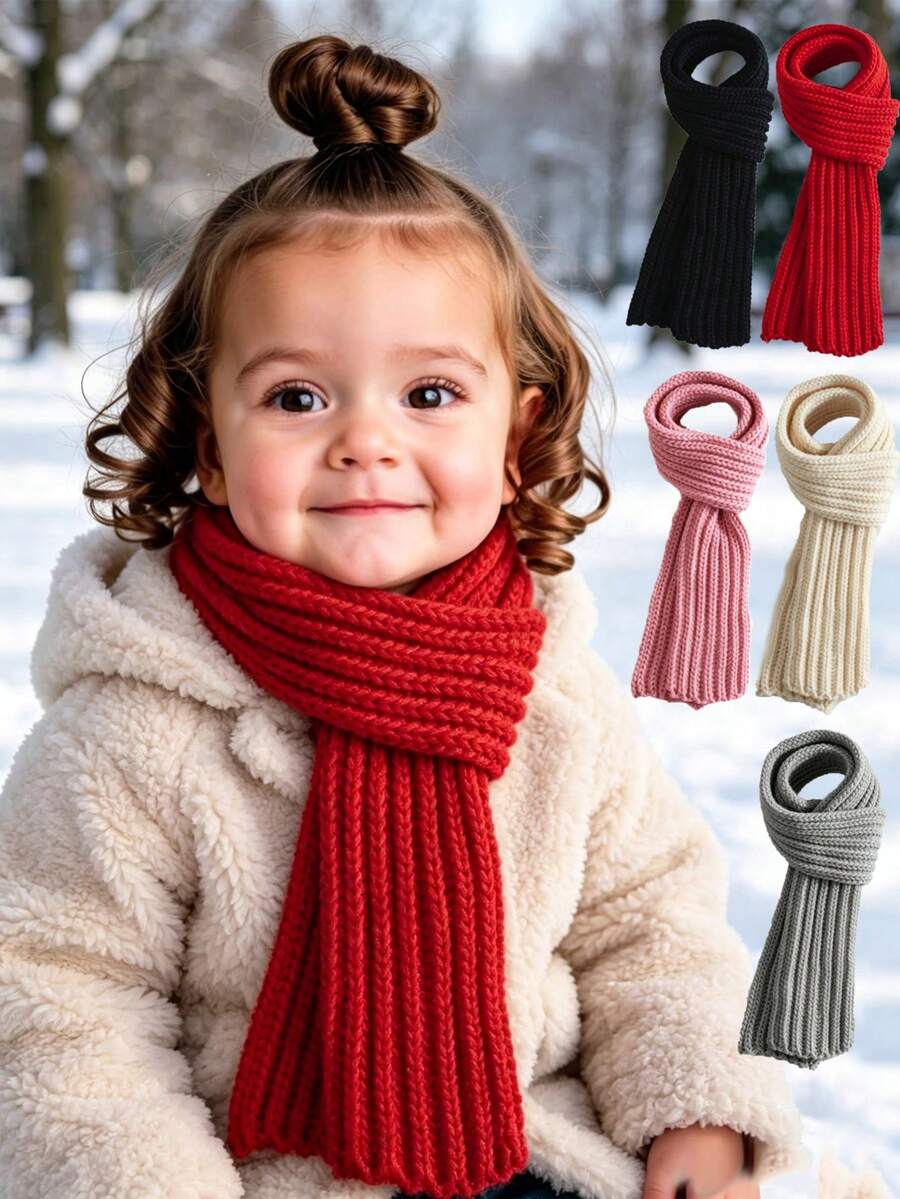 1pc Unisex Kids Cute Solid Color Knitted Warm Scarf, Autumn/Winter Style, Suitable For School, Outdoor, Party, Holiday Gift, Photo Outfit - Multicolor - View 1