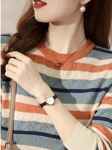 Women's Round Neck Colorblock Striped Hollow Knit Long Sleeve Casual Pullover - Color - View 3