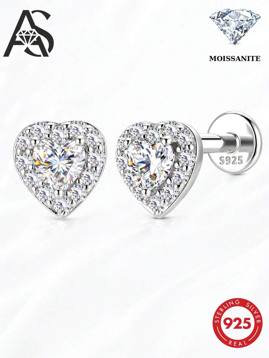 AnlaScheer 1pc Moissanite 925 Sterling Silver Exquisite Square Flat Back Cartilage Spiral Thread Piercing Earring, Women's Engagement Wedding Bridal Jewelry