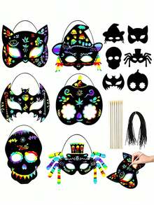 6SET Halloween Scratch Art Set, Rainbow Scratch Halloween Masks, Magic Scratch Masks With Elastic Ropes And Wooden Stylus, Suitable For Halloween Costume Party Photo Booth Props,Classroom Activities, Holiday Decorations, Fence Decorations - A - View 1