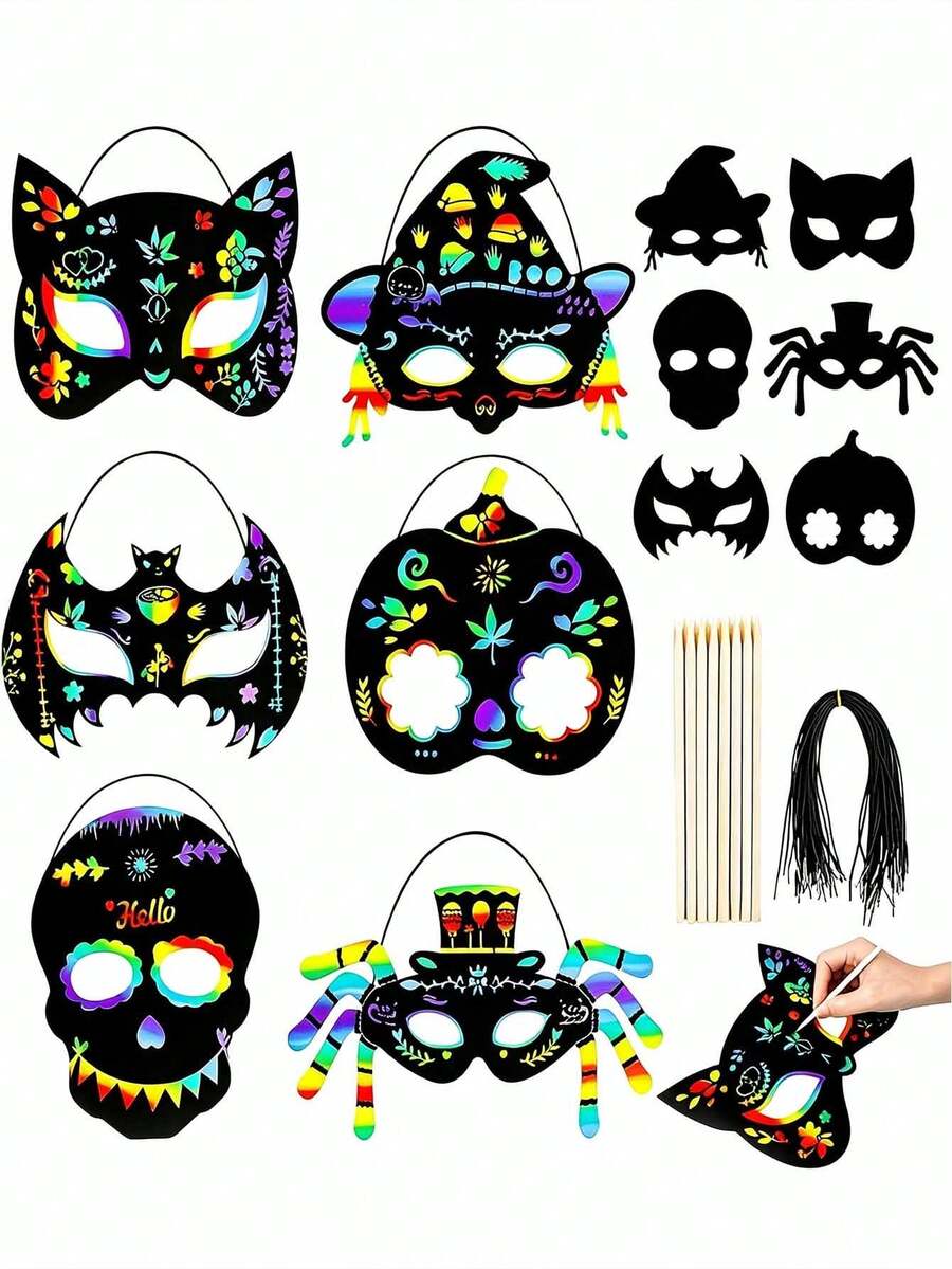 6SET Halloween Scratch Art Set, Rainbow Scratch Halloween Masks, Magic Scratch Masks With Elastic Ropes And Wooden Stylus, Suitable For Halloween Costume Party Photo Booth Props,Classroom Activities, Holiday Decorations, Fence Decorations - A - View 1
