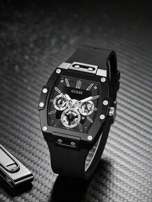 GUESS Men's Matte Black Barrel-Shaped Multifunction Quartz Watch, Black Soft Silicone Strap, GW0203G3 - one-size - View 3