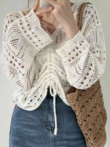 Hollow Out V-Neck Drawstring Cropped Long Knit Cover Up For Women, Random Patchwork White - White - View 5