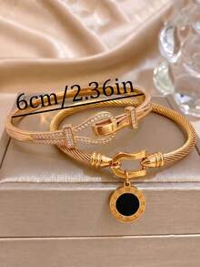 2Pcs Gold‑Plated Stainless‑Steel Horseshoe Buckle Zirconia Bangle & Roman Charm Twisted Cable Bracelet Set For Women - Gold - View 6